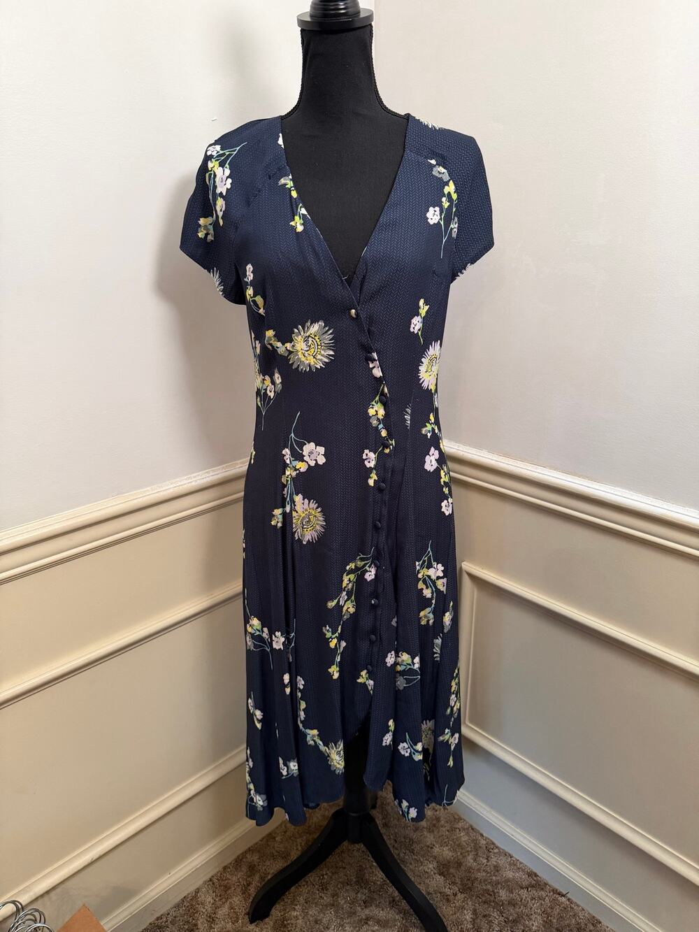 Free People Lost In You Floral Midi Dress Navy Blue High-Low Boho Button Front